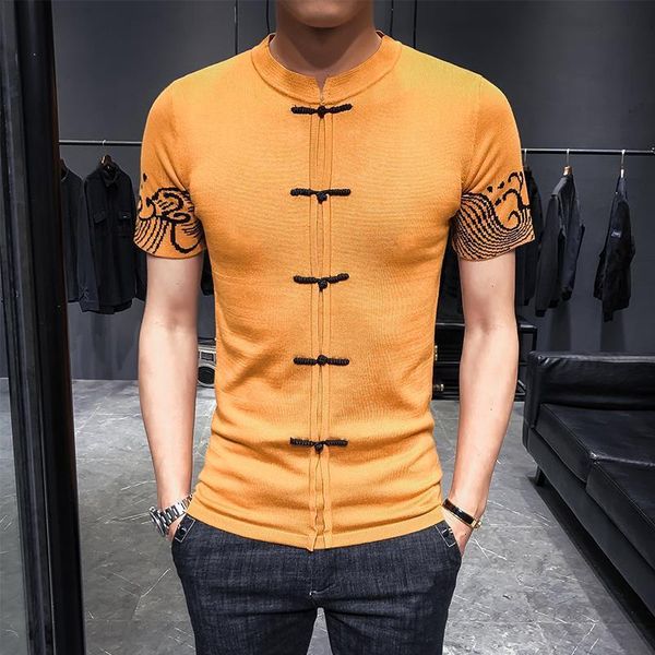 

knitting sweater chinese style button sleeve side jacquard weave man self-cultivation knitting short sleeve camisetas hombre, White;black