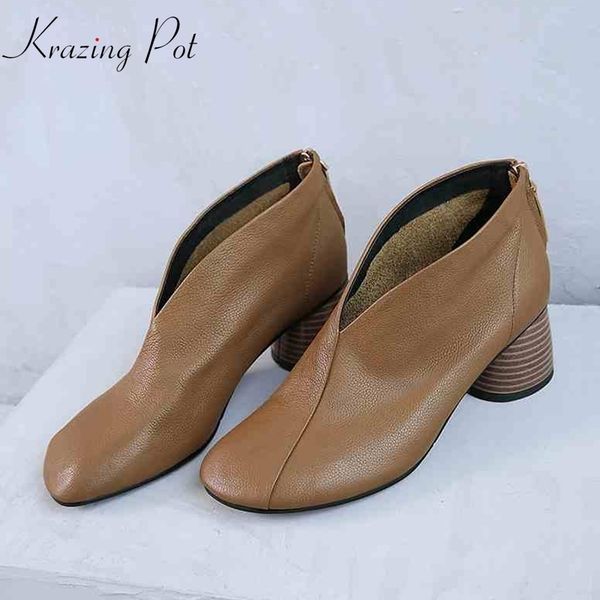 

krazing pot glove shoe genuine leather strange strange high heel zipper autumn winter brand round toe leisure pumps l03 t200525, Black