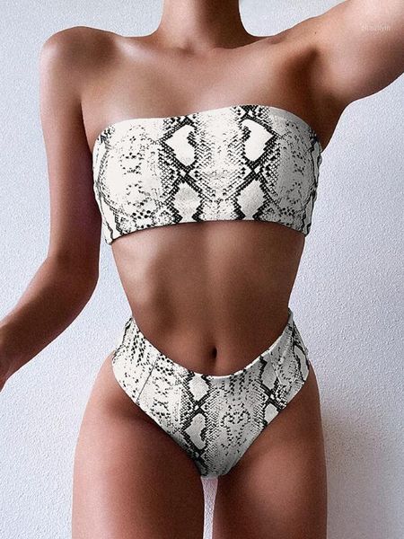 

bandeau bikini sets 2020 snake pattern high waist swimsuit women swimwear brazilian bathing suit biquini female biquini1, White;black
