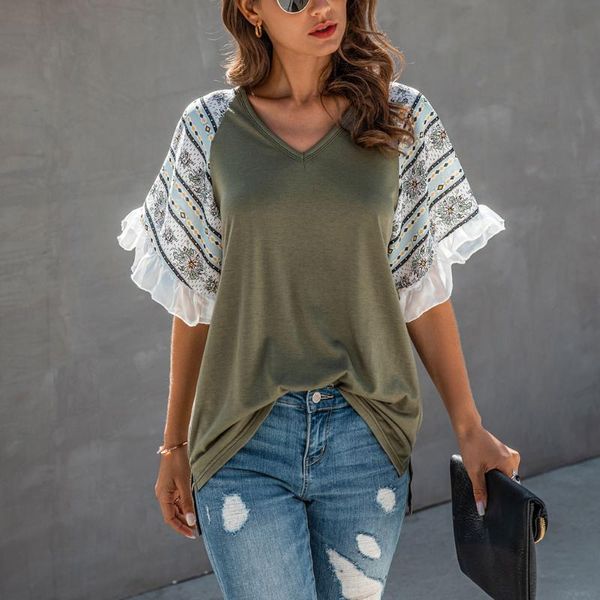 

fashion ruffles print tunic blouse patchwork loose v-neck casual summer ladies female women short sleeve blusas pullover, White