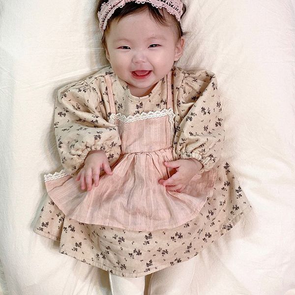 

wholesale 2021 spring new baby girl bodysuits lace floral fake 2pcs clothes long sleeve romper infant suit e119, Blue