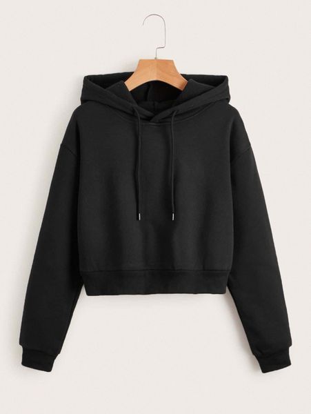 

solid drawstring crop thermal lined hoodie 34eb#, White;black