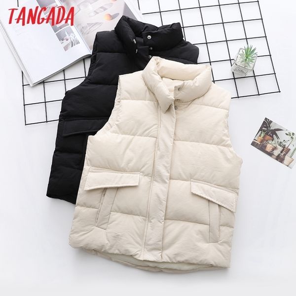 

tangada winter vest for women waistcoat female sleeveless jacket pocket warm long vest cotton feminino bao30 201102, Black;white