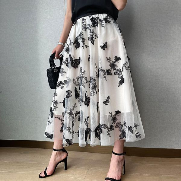 

2020 multilayer mesh midi skirts womens butterfly embroidery long skirt high waist a line summer pleated skirt, Black
