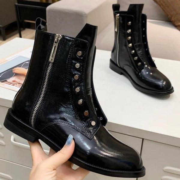

круглые заклепки мартин сапоги женские двойные стороны молнии натуральные кожаные ботинки на лодыжках дамы стиль улицы 2021 зимний шик, Black