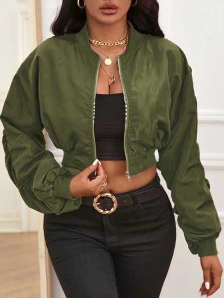 

sxy drop shoulder zipper crop bomber jacket a3gr#, Black;brown