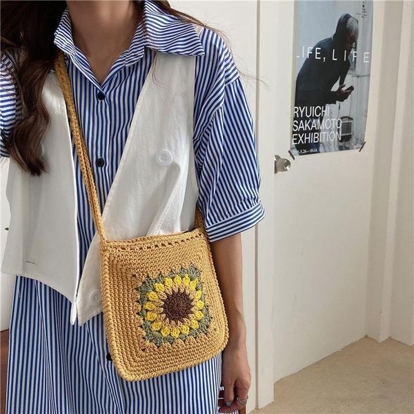

2020 mini cotton cloth handbag summer new sunflower small messenger bag hollow woven knitted shoulder crossbody bags for girls