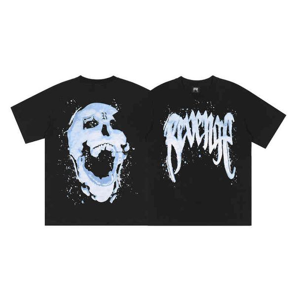 

street men's revenge letter design skull hip hop short sleeve t-shirt men's ins loose t-shirt, White;black