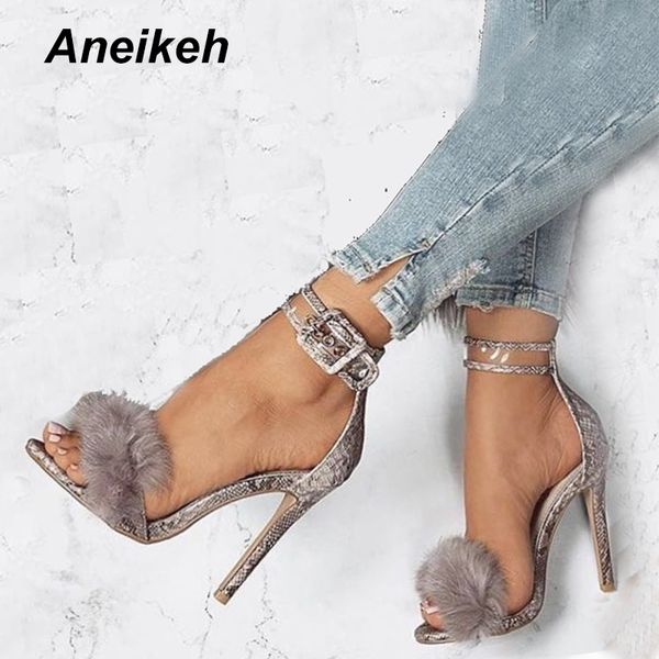 

aneikeh women sandals high heels footwear fur ankle strap gladiator sandals female wedding shoes stiletto d-88-5# y200405, Black