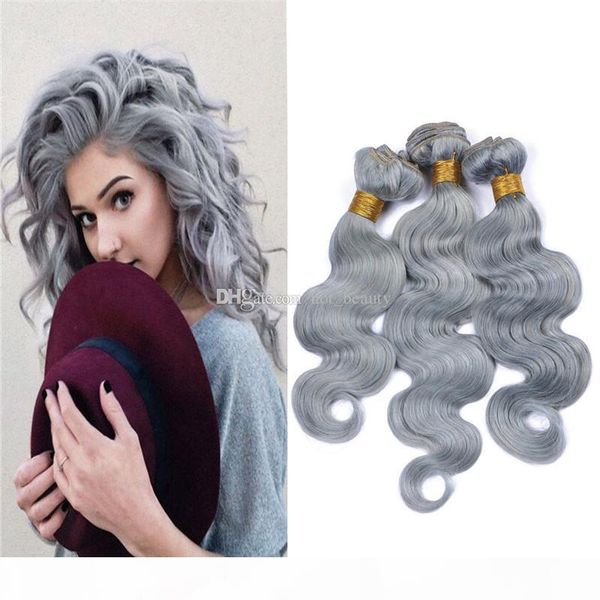

silver grey virgin brazilian human hair bundles deals 3pcs 300g lot pure grey color body wave wavy human hair weave extensions, Black