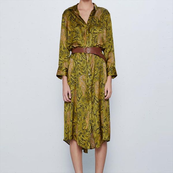 

fashion za print dress women summer 2021 lapel long sleeve front button female elegant office contrasting belt midi dresses, Black;gray