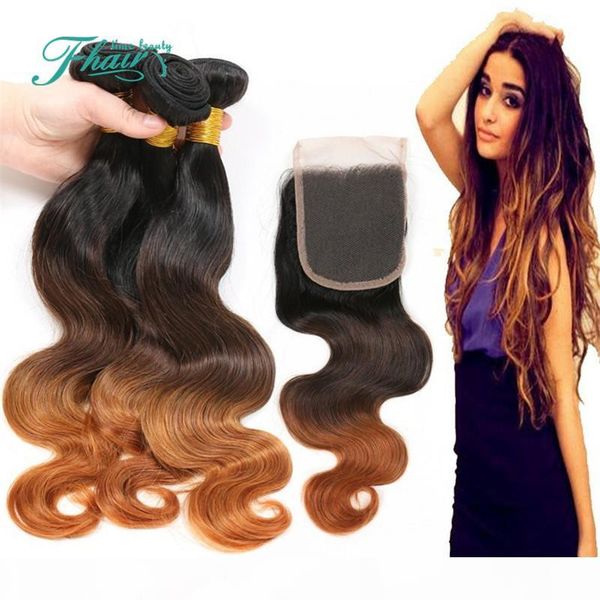 

8a brazilian hair ombre three tone #1b#4#30 color 3 way part body wave lace closure with 3 pcs human hair extension bundles, Black
