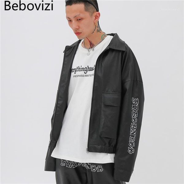 

men's fur & faux bebovizi hip hop men leather jackets autumn casual motorcycle pu letter embroidery sleeves jacket streetwear biker coa, Black