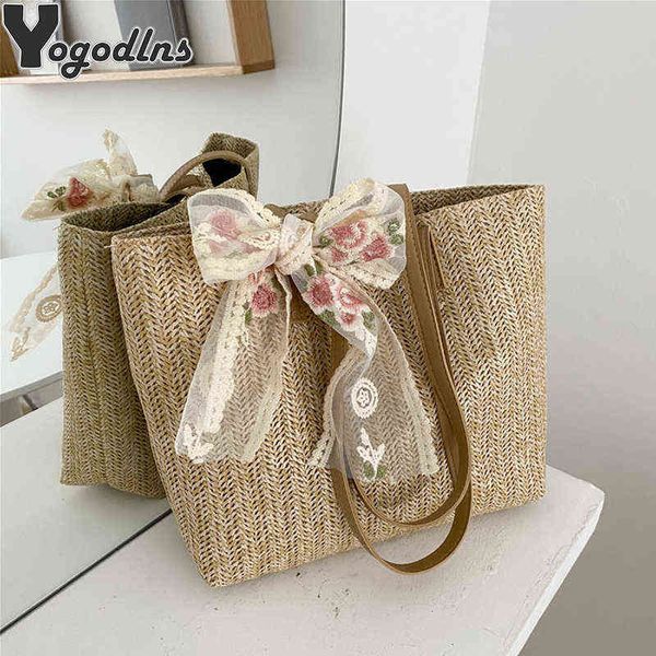 

shopping bags ladies summer beach casual straw woven handbag retro ribbon design large capacity underarm shoulder for women tote220307