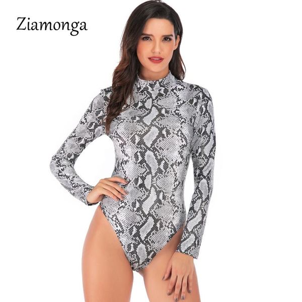 

ziamonga snake skin grain print bodysuit women long sleeve autumn winter turtleneck slim bodysuits rompers womens jumpsuit, Black;white