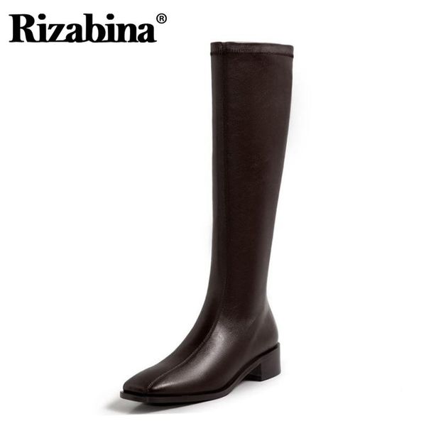 

rizabina real leather women knee boots flats square toe zipper shoes warm winter boots women fashion footwear size 33-40, Black
