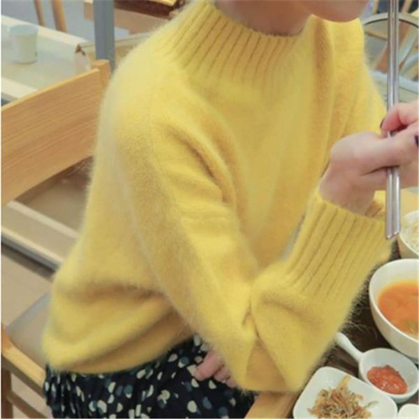 

new korean women knitted sweater autumn winter yellow mink cashmere soft warm pullovers casual loose stand collar, White;black
