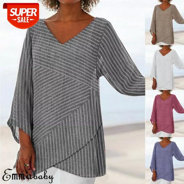 

women striped shirt long sleeve v-neck shirts casual asymmetric loose shirt autumn femme blusas mujer de moda plus size #gk13, White