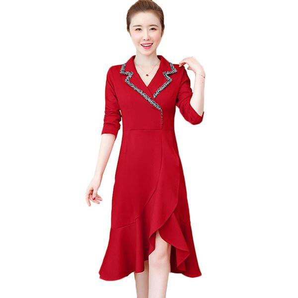 

2021 new spring women's dresses new v-neck ruffled irregular red mid long plus size l-5xl women party dress lady vestidos j112 y50r, Black;gray
