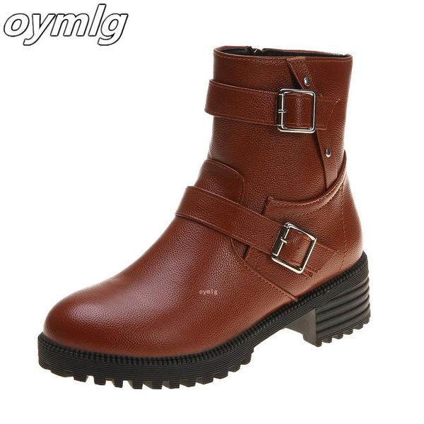 

designer boot women 2020 fashionable pu leather boots brown round toe metal buckle side zipper middle heel cool women 's shoes, Black