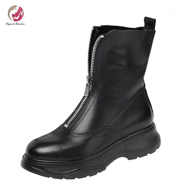 

original intention fashion zip boots woman flats boots round toe white high platform genuine leather1, Black