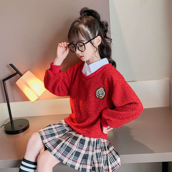 

two girls' college piec drs 2020 new cuhk long sve plaid pleated skirt, Red;yellow