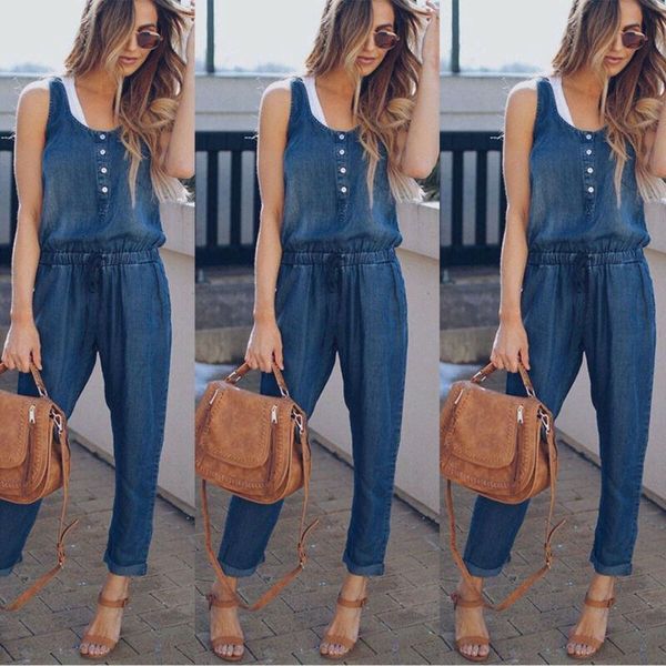 

2020 women summer solid sleeveless denim jumpsuit long trousers clubwear rompers trousers overalls navy blue playsuit, Black;white
