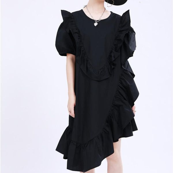 

casual dresses chicever patchwork ruffle womens dress o neck short sleeve high waist oversize asymmetric summer midi female 20211, Black;gray