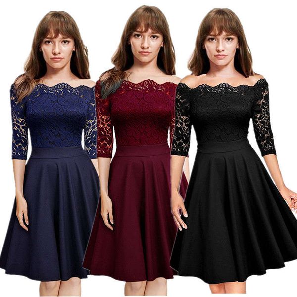 

new women's lace off shoulder dress, Black;gray