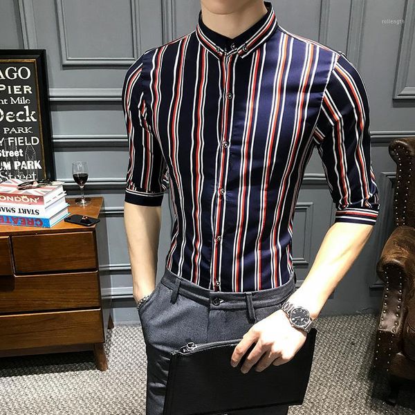

yasuguoji new 2020 summer fashion slim fit shirt men non iron shirts half-sleeve shirt men contrast color striped1, White;black