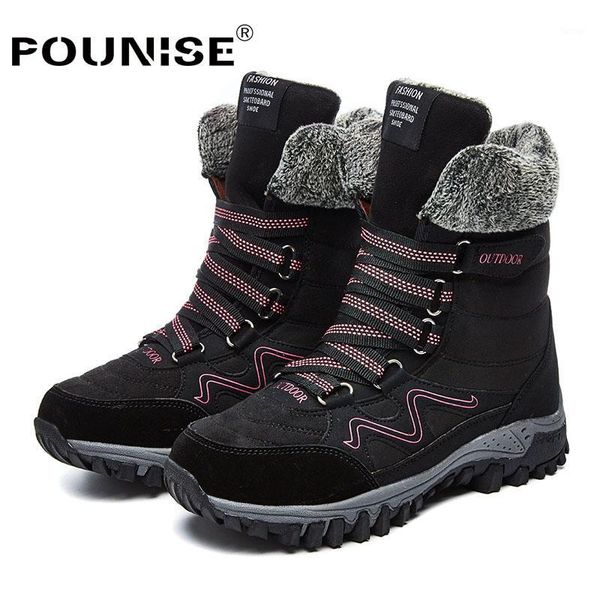 

women boots winter 2020 fashion leather snow boots outdoor round toe waterproof high platform woman plus size 35-421, Black