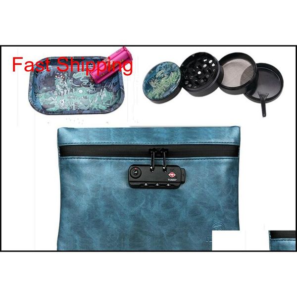 

20 set smoking smell proof bag kit pu tobacco pouch with combination lock for herb odor proof stash container herb ginder metal roller 1oee