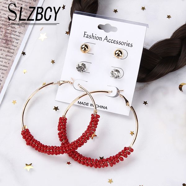 

hoop & huggie gold color circle earrings set for women beads metal geometric round fashion jewelry ladies brincos, Golden;silver