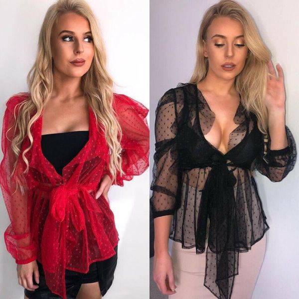 

women mesh dot blouse transparent shirts deep v neck lace puff sleeve female summer casual blouses women streetwear, White
