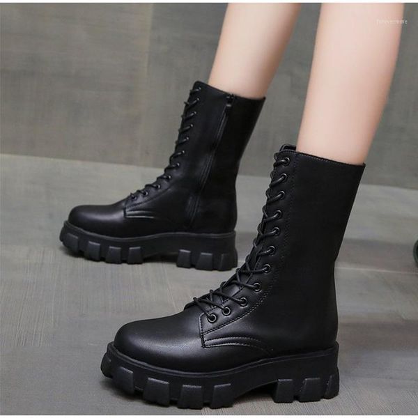 

boots women mid-calf ladies pu leather lace up platform non slip short boot sewing comfort female footwear 2021 winter 1, Black