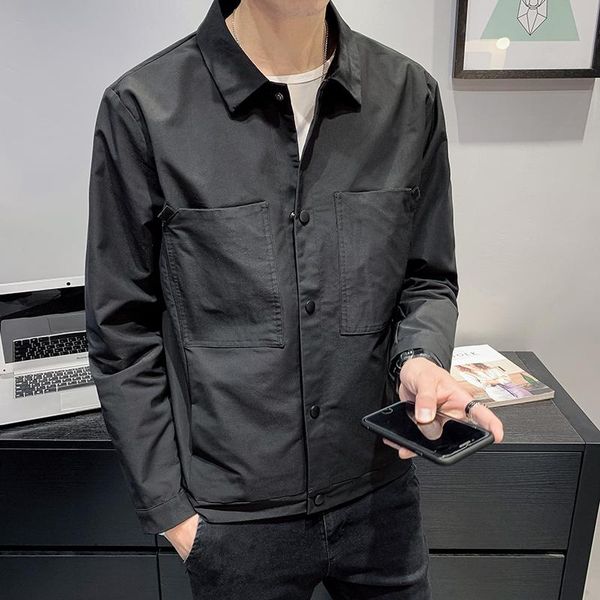

2020 spring new plain jacket men fashion front pockets mens casual jackets long sleeve all match turn down collar coat men 3xl-m, Black;brown