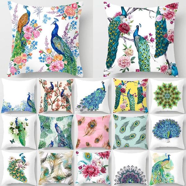 

1pcs colorful peacock feather polyester cushion cover decorative pillow for sofa seat car waist cojines home decor 45*45cm 40826