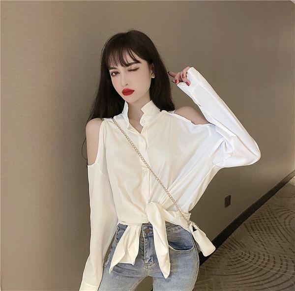 

p shoot 2020 autumn clothing sense of design strapless beauty back charade long-sleeved shirt loose shirt, White
