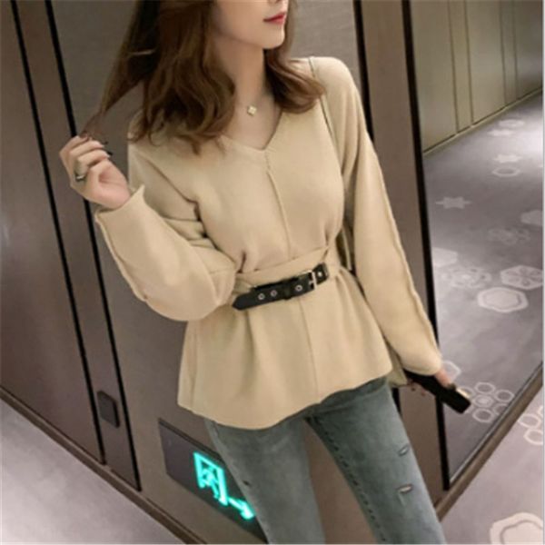 

net red new pullover pulloverpulloverkorean v-neck pullover waist t-shirt women's waistband shows thin solid color leisure long sleeve, White;black