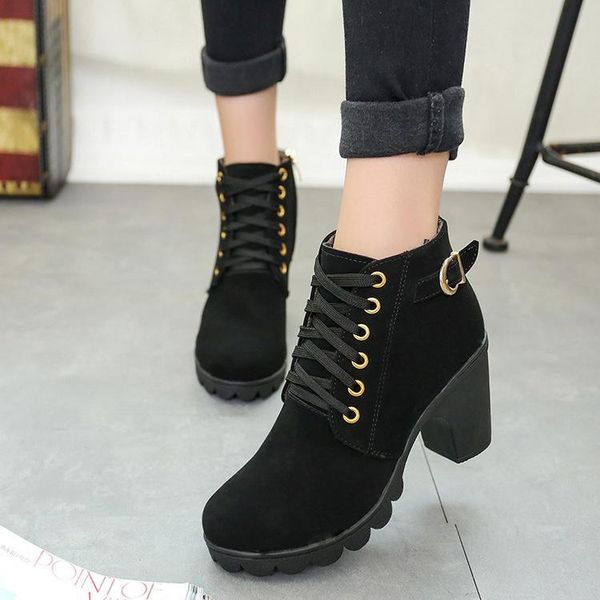 

boots autumn winter women solid lace-up european ladies shoes pu fashion heels 35-42, Black