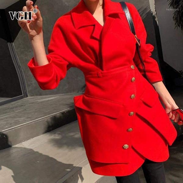 

vgh casual red ruched coat for women lapel long sleeve high waist slim tweed coats female fashion new clothing 2020 tide autumn1, Black