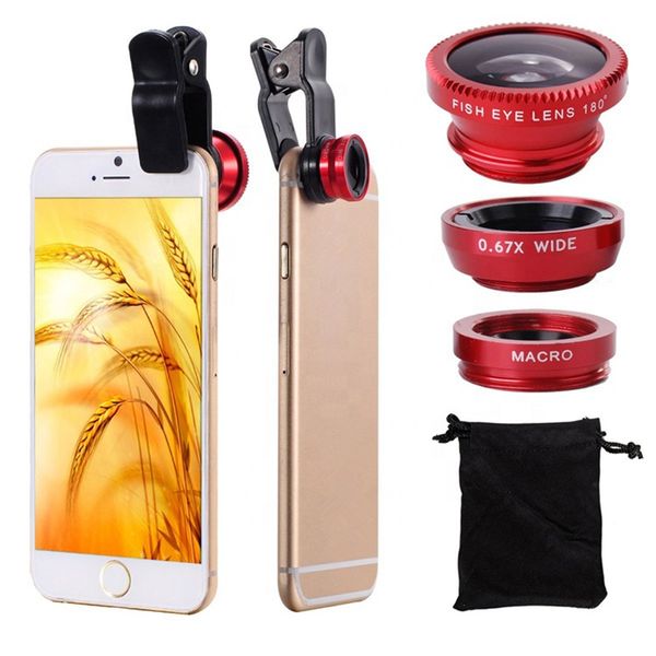 

3 in 1 mobile phone zoom lens super fisheye camera wide angle macro lens with case