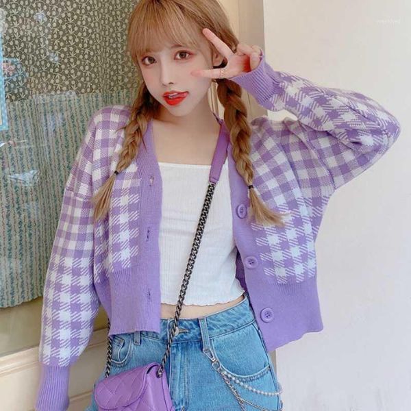 

autumn 2020 new korean style loose houndstooth cardigan warm soft sweater coat women retro color matching sweater women1, White