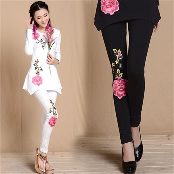 M L XL XXL 3XL Leggings Branco Black Bordado Para As Mulheres Primavera Outono Flores Boêmio Bordado Piper Calça étnica Calças 201228