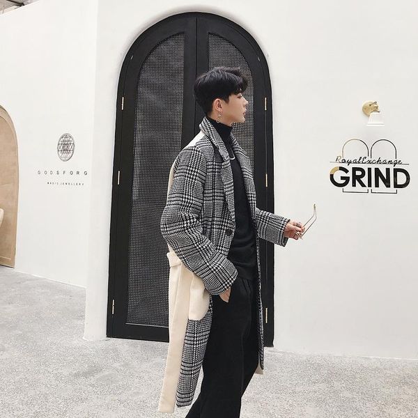 

nice tide lattice spliced stitching wool overcoat trend men's medium long lattice overcoat autumn winter designer's personality1, Black