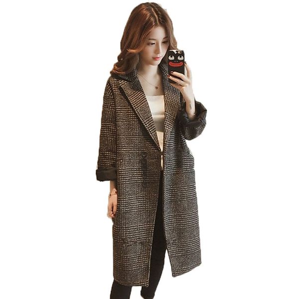 

2021 autumn winter woolen coat women's large size loose casual windbreaker lapel single-breasted plaid jacket outerwear fashion, Black