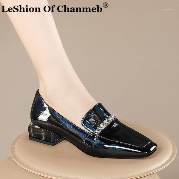 

high heels women's pumps natural genuine leather square heels loafers rhinestone cow patent leather square toe shoes lady 34-421, Black