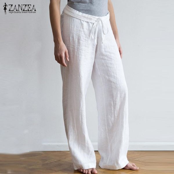 

casual linen pants women's wide leg trousers zanzea vintage drawstring solid long pantalon woman palazzo plus size pant 5xl y200113, Black;white