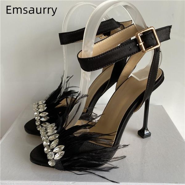 

sandals crystal feather party women unique high goblet heel ankle strappy satin open toe rhinestone summer shoes woman, Black