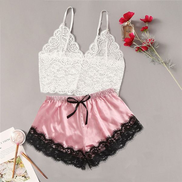 

2020 lace trim satin cami lingerie pyjamas v neck sleeveless strap pajama sets summer women bow sleepwear set, Black;white